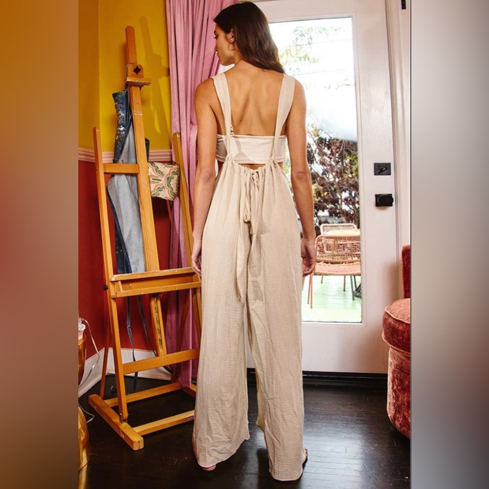 NWT Women’s Bucketlist light taupe boho wide leg solid knit textured suspenders - Picture 7 of 8